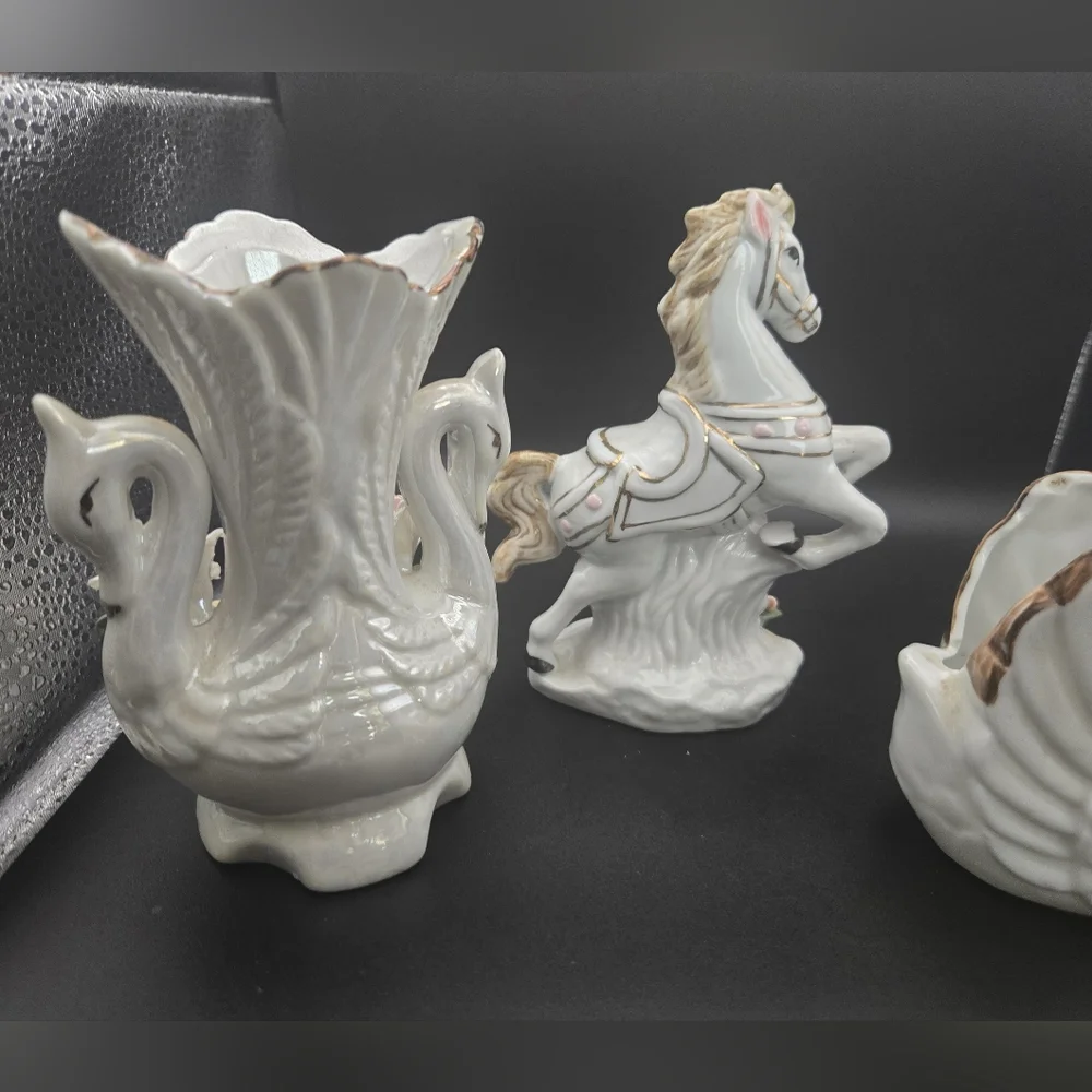 Porcelain Swan and Horse Figurines with Floral Accents Vintage